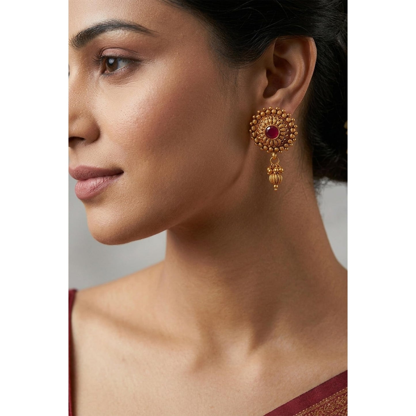 Gold Plated Long Necklace Set Multi Layer Beaded Haram With Maroon Stone & Matching Earrings & Festive