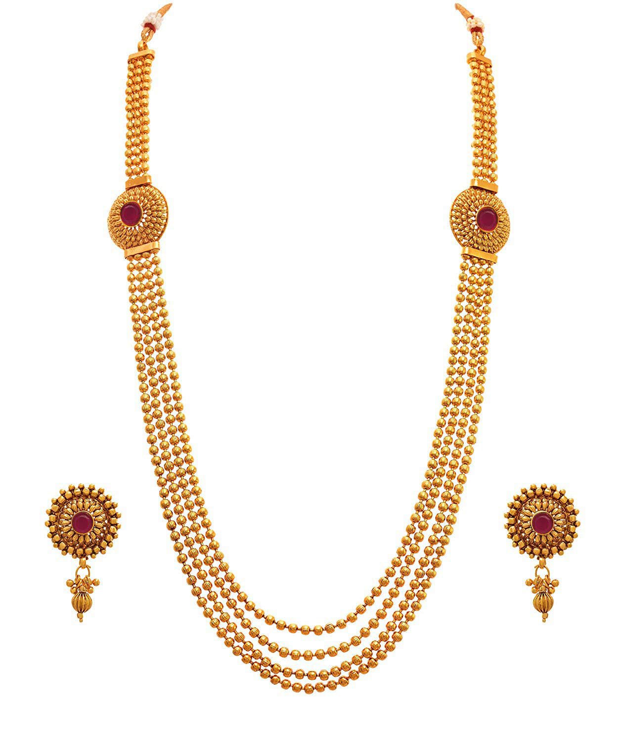 Gold Plated Long Necklace Set Multi Layer Beaded Haram With Maroon Stone & Matching Earrings & Festive