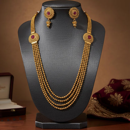Gold Plated Long Necklace Set Multi Layer Beaded Haram With Maroon Stone & Matching Earrings & Festive