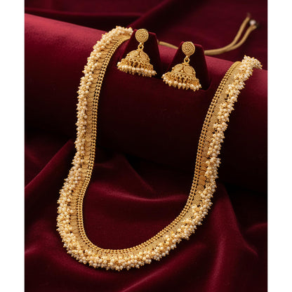 - One Gram Gold Plated Spiral Pearls Long Necklace Set 'S.