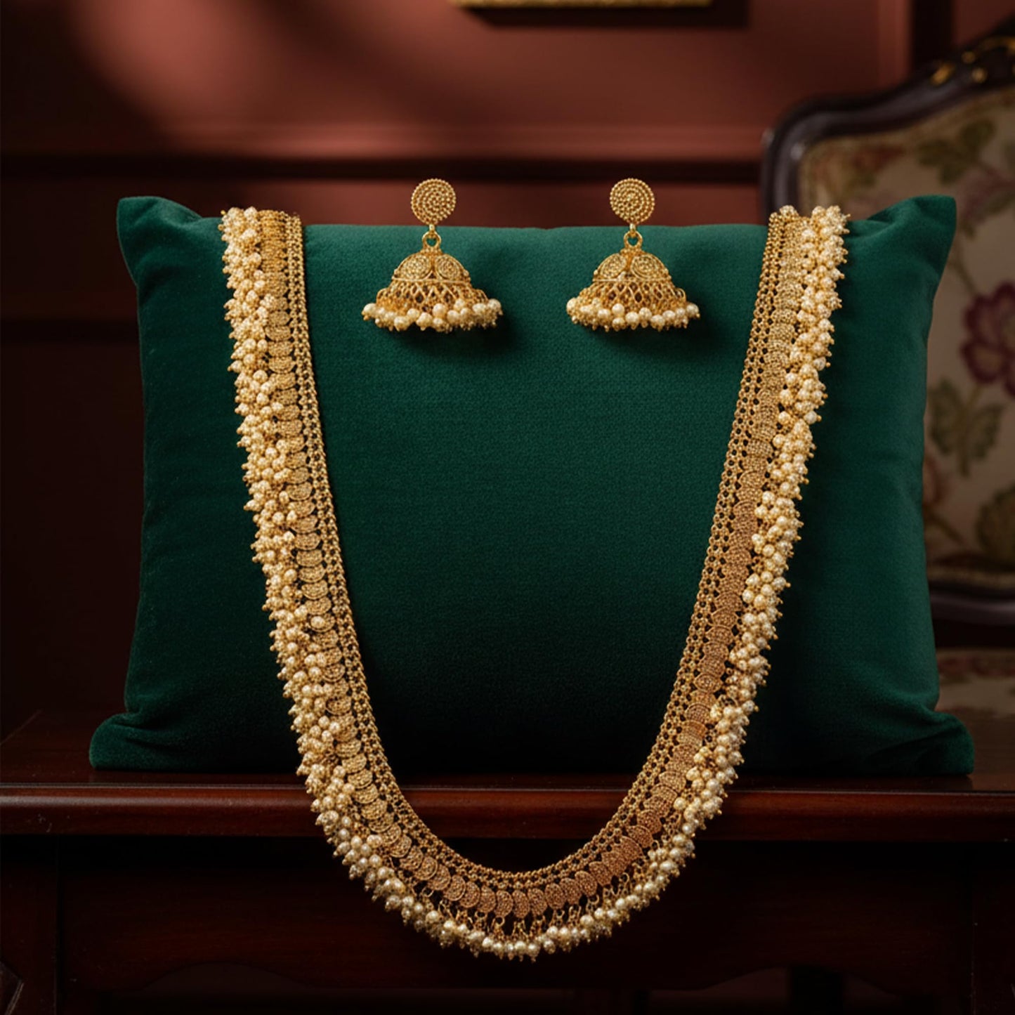 - One Gram Gold Plated Spiral Pearls Long Necklace Set 'S.
