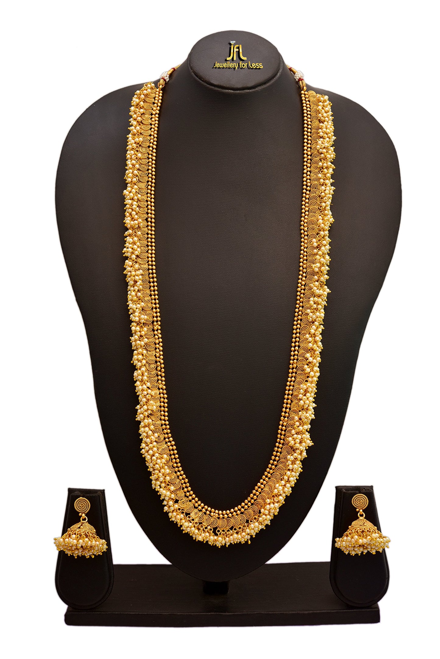 - One Gram Gold Plated Spiral Pearls Long Necklace Set 'S.