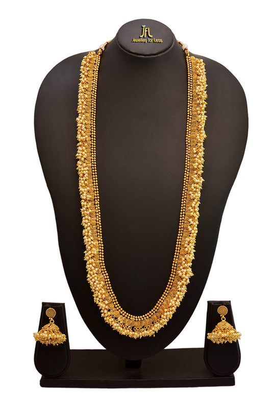 - One Gram Gold Plated Spiral Pearls Long Necklace Set 'S.