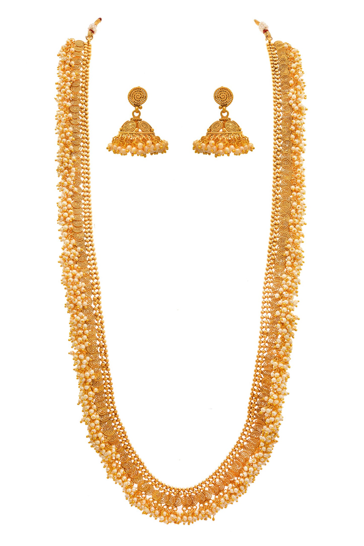 - One Gram Gold Plated Spiral Pearls Long Necklace Set 'S.