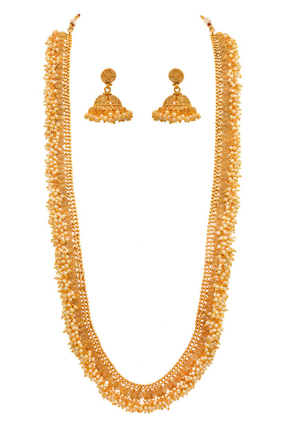 - One Gram Gold Plated Spiral Pearls Long Necklace Set 'S.