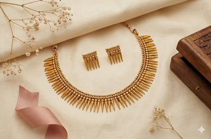 Modern 1G Gold Plated Divine Sun Rays Necklace Set With Earrings