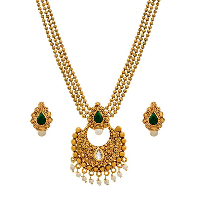 One Gram Gold Plated Stone & Pearl With Kundan Necklace Set .