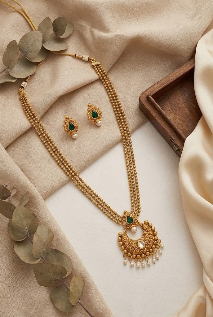 One Gram Gold Plated Stone & Pearl With Kundan Necklace Set .