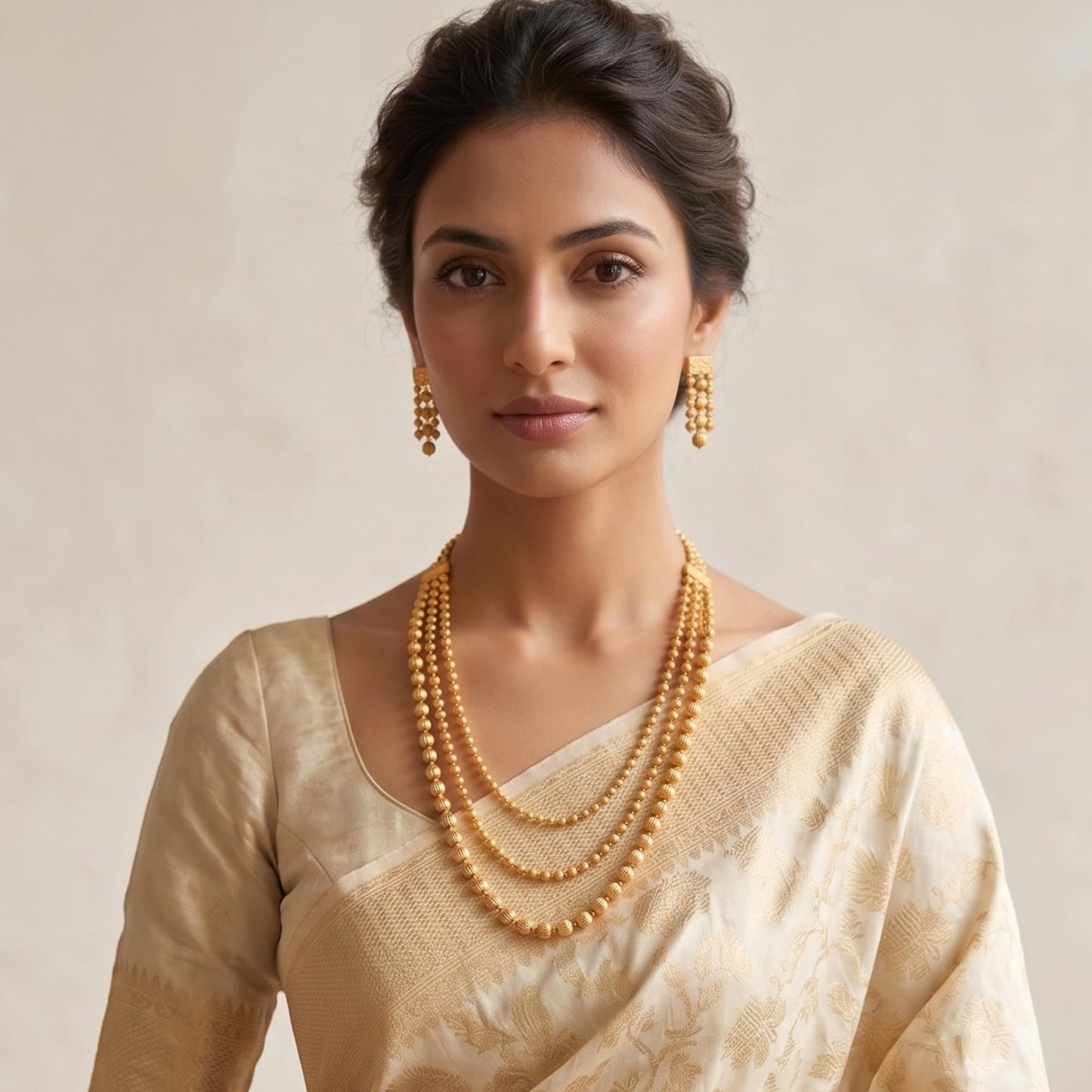 Gold Plated Multi Layer Necklace Set With Earrings
