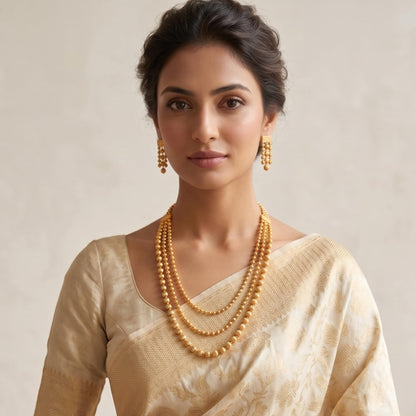 Gold Plated Multi Layer Necklace Set With Earrings