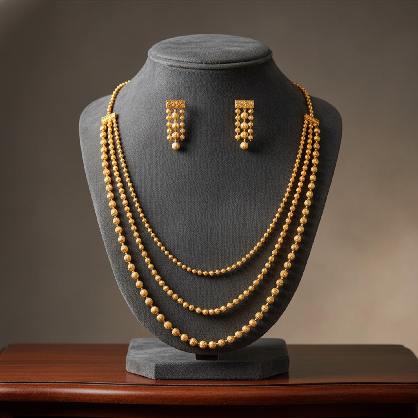 Gold Plated Multi Layer Necklace Set With Earrings