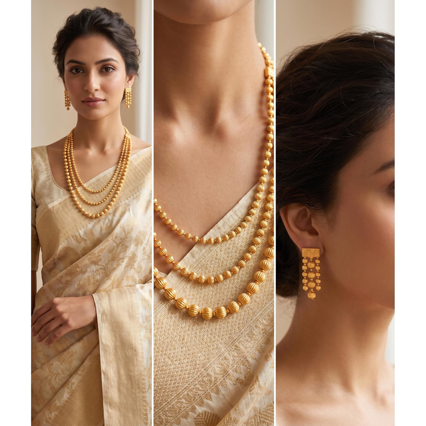 Gold Plated Multi Layer Necklace Set With Earrings