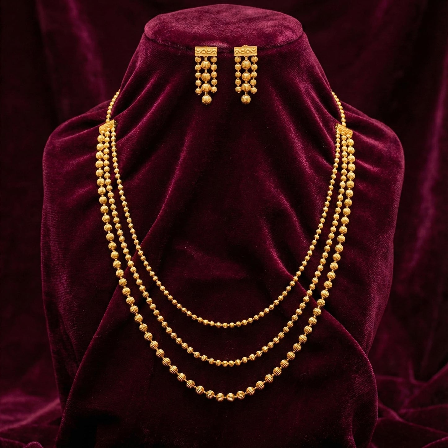 Gold Plated Multi Layer Necklace Set With Earrings