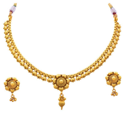 Gold Plated Floral Necklace Set Temple Style With Matching Earrings , Festive & Party