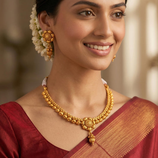 Gold Plated Floral Necklace Set Temple Style With Matching Earrings , Festive & Party
