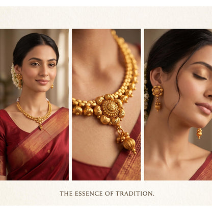 Gold Plated Floral Necklace Set Temple Style With Matching Earrings , Festive & Party