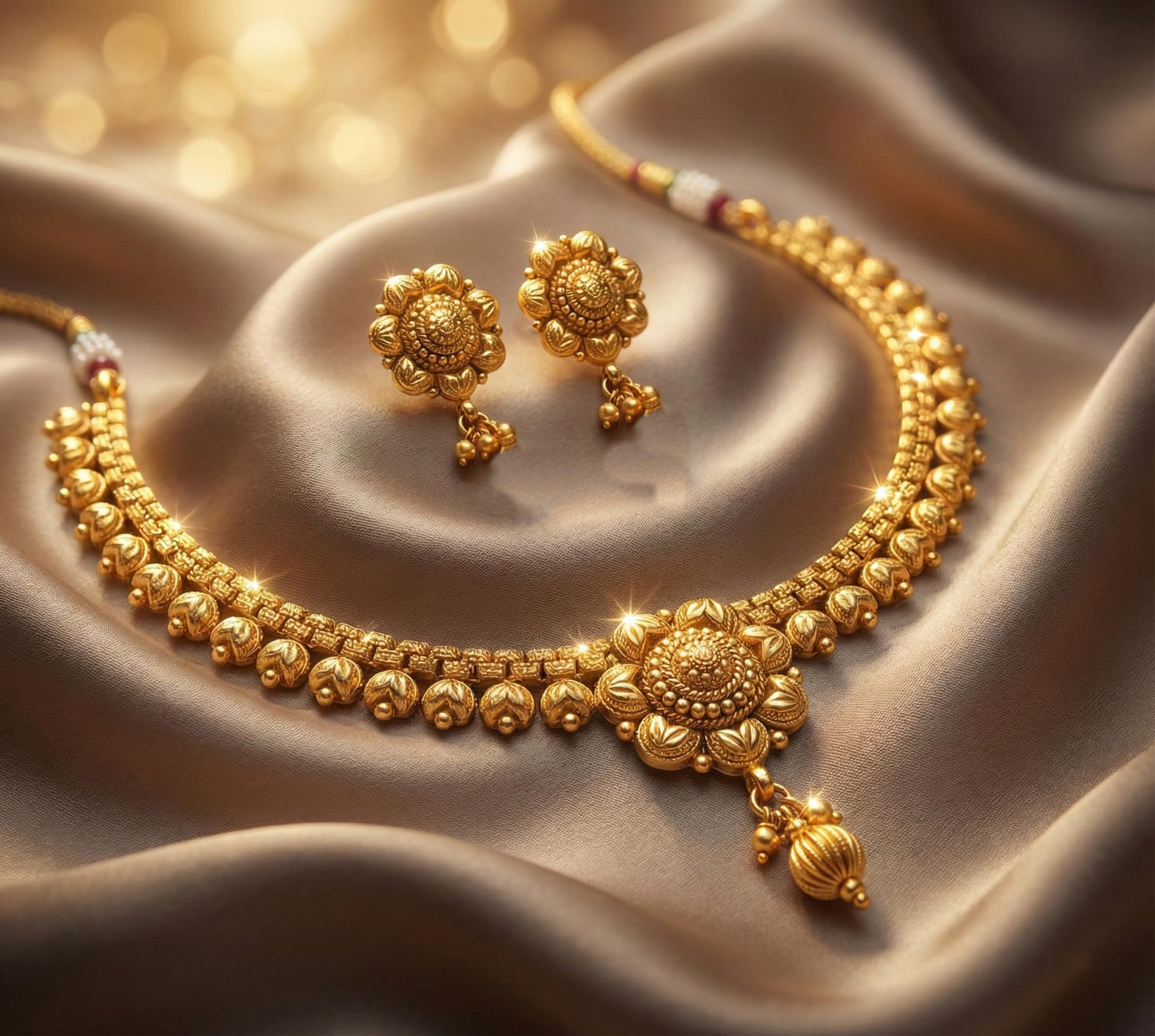 Gold Plated Floral Necklace Set Temple Style With Matching Earrings , Festive & Party