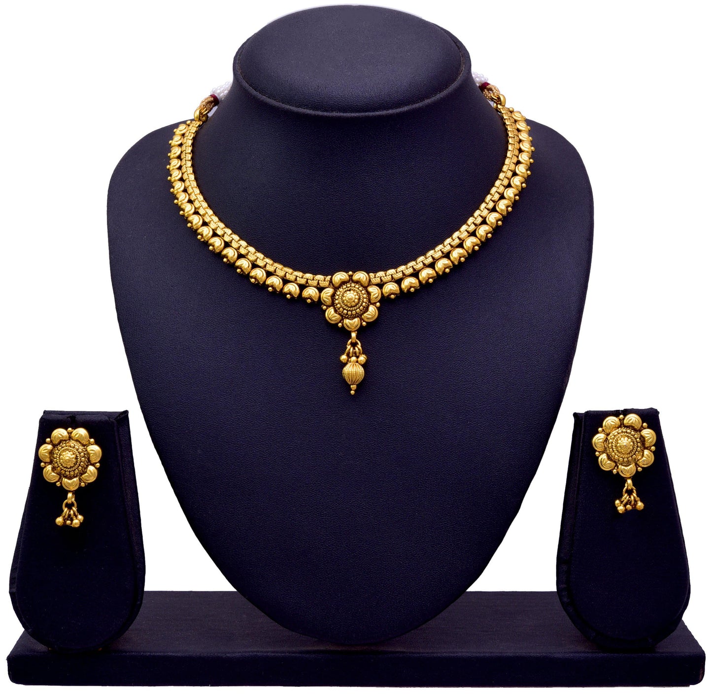 Gold Plated Floral Necklace Set Temple Style With Matching Earrings , Festive & Party