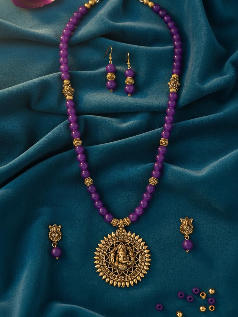 Gold Plated Oxidized Ganesha Necklace Set – Purple Beaded Ethnic Jewelry