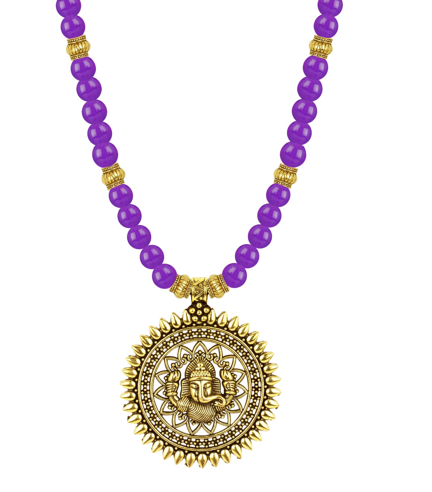 Gold Plated Oxidized Ganesha Necklace Set – Purple Beaded Ethnic Jewelry