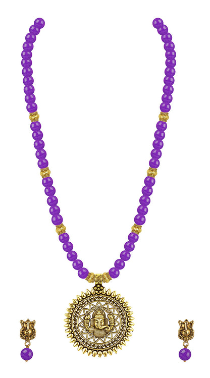 Gold Plated Oxidized Ganesha Necklace Set – Purple Beaded Ethnic Jewelry