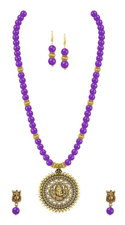 Gold Plated Oxidized Ganesha Necklace Set – Purple Beaded Ethnic Jewelry