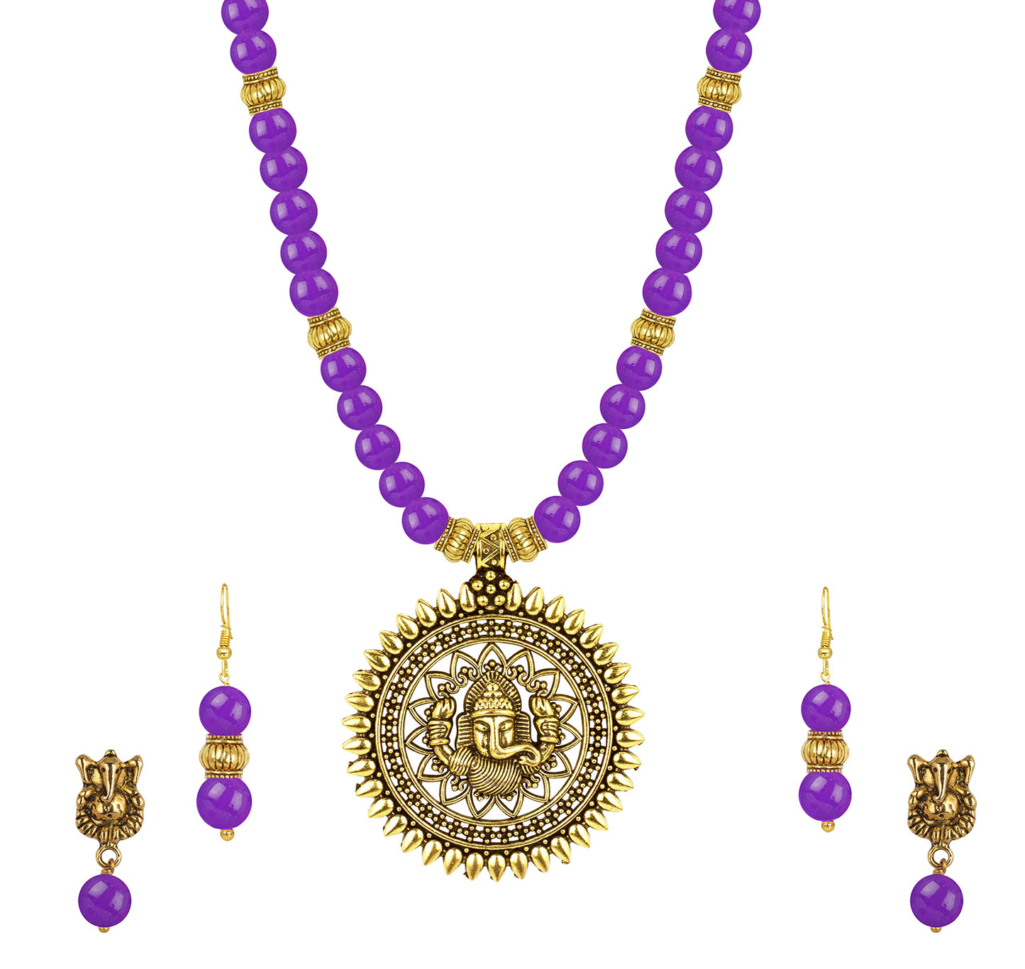Gold Plated Oxidized Ganesha Necklace Set – Purple Beaded Ethnic Jewelry