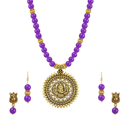 Gold Plated Oxidized Ganesha Necklace Set – Purple Beaded Ethnic Jewelry
