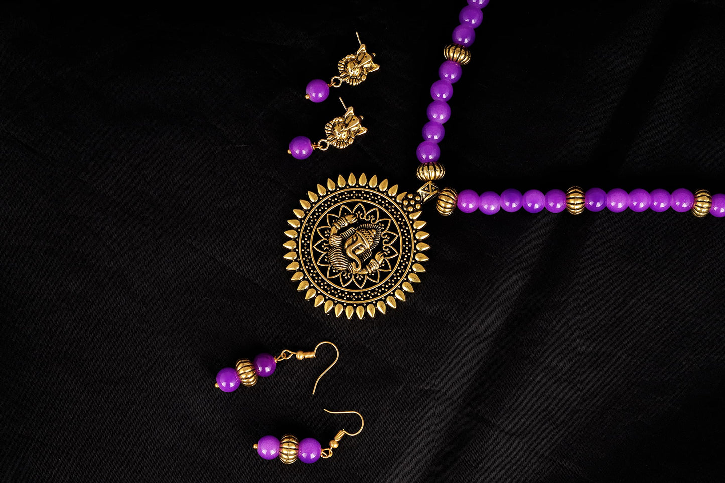 Gold Plated Oxidized Ganesha Necklace Set – Purple Beaded Ethnic Jewelry