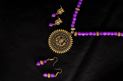 Gold Plated Oxidized Ganesha Necklace Set – Purple Beaded Ethnic Jewelry