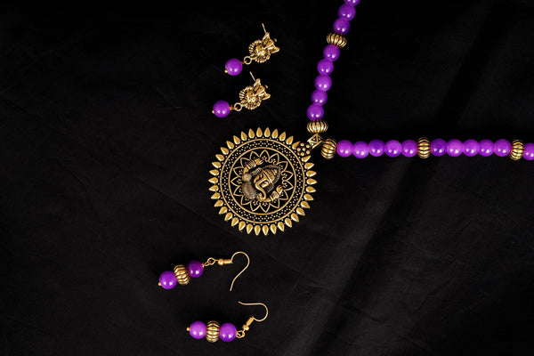 Gold Plated Oxidized Ganesha Necklace Set – Purple Beaded Ethnic Jewelry