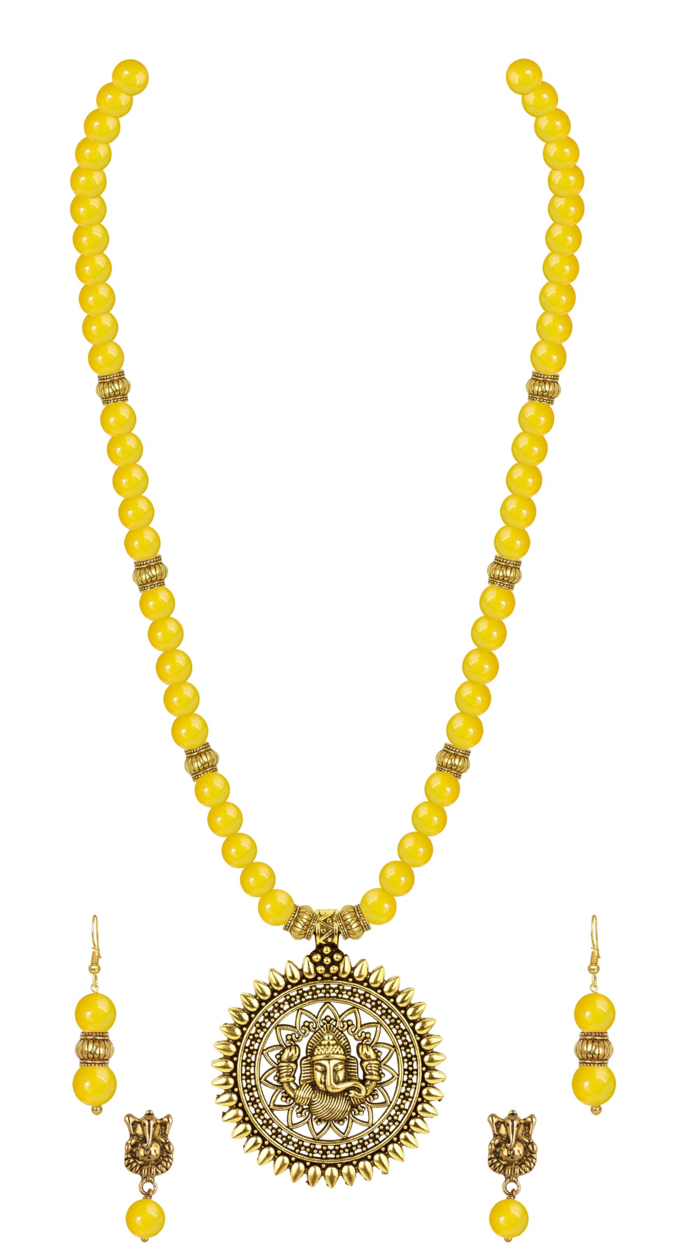 Gold Plated Oxidized Ganesha Necklace Set – Yellow Beaded Ethnic Jewelry