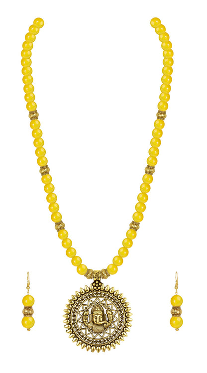 Gold Plated Oxidized Ganesha Necklace Set – Yellow Beaded Ethnic Jewelry