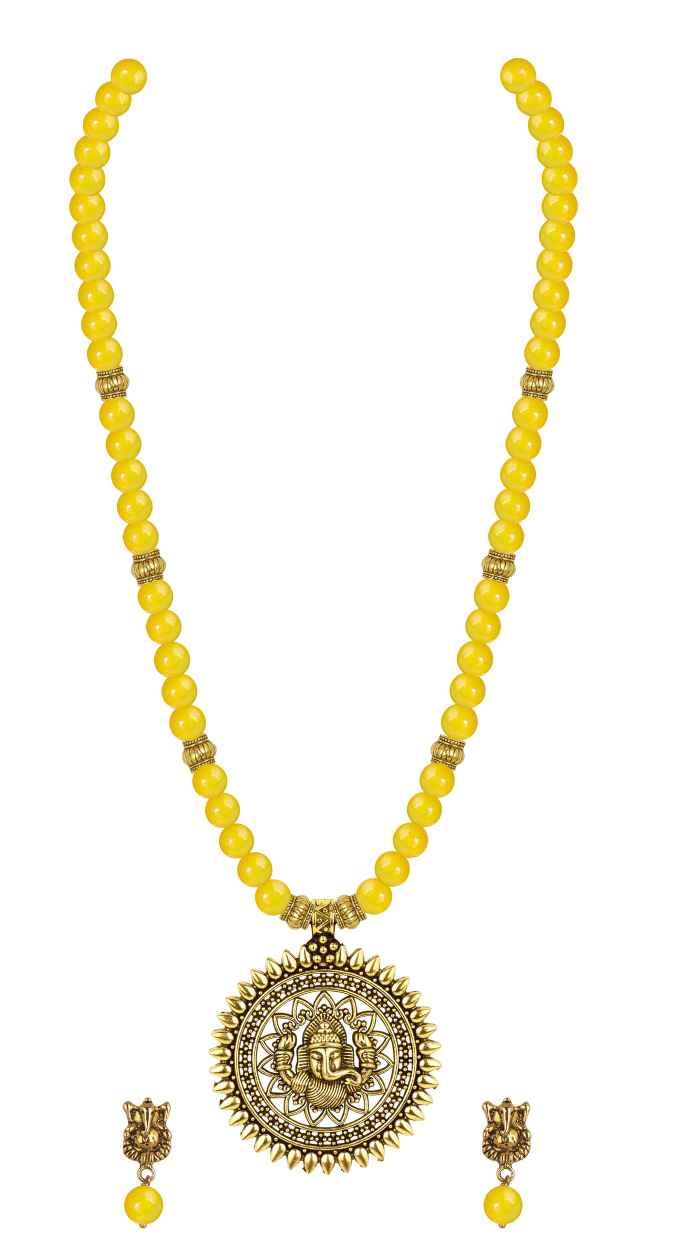 Gold Plated Oxidized Ganesha Necklace Set – Yellow Beaded Ethnic Jewelry