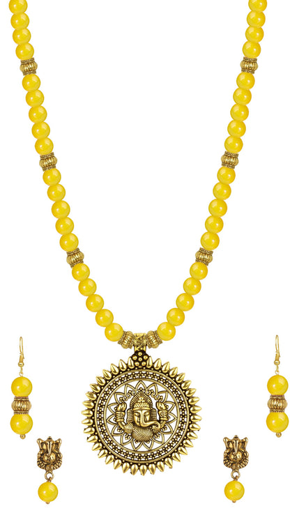 Gold Plated Oxidized Ganesha Necklace Set – Yellow Beaded Ethnic Jewelry