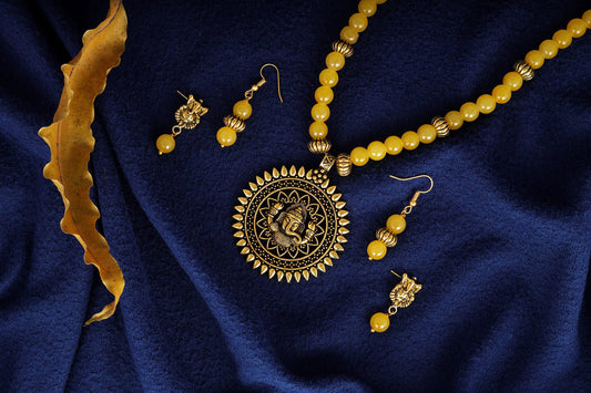 Gold Plated Oxidized Ganesha Necklace Set – Yellow Beaded Ethnic Jewelry
