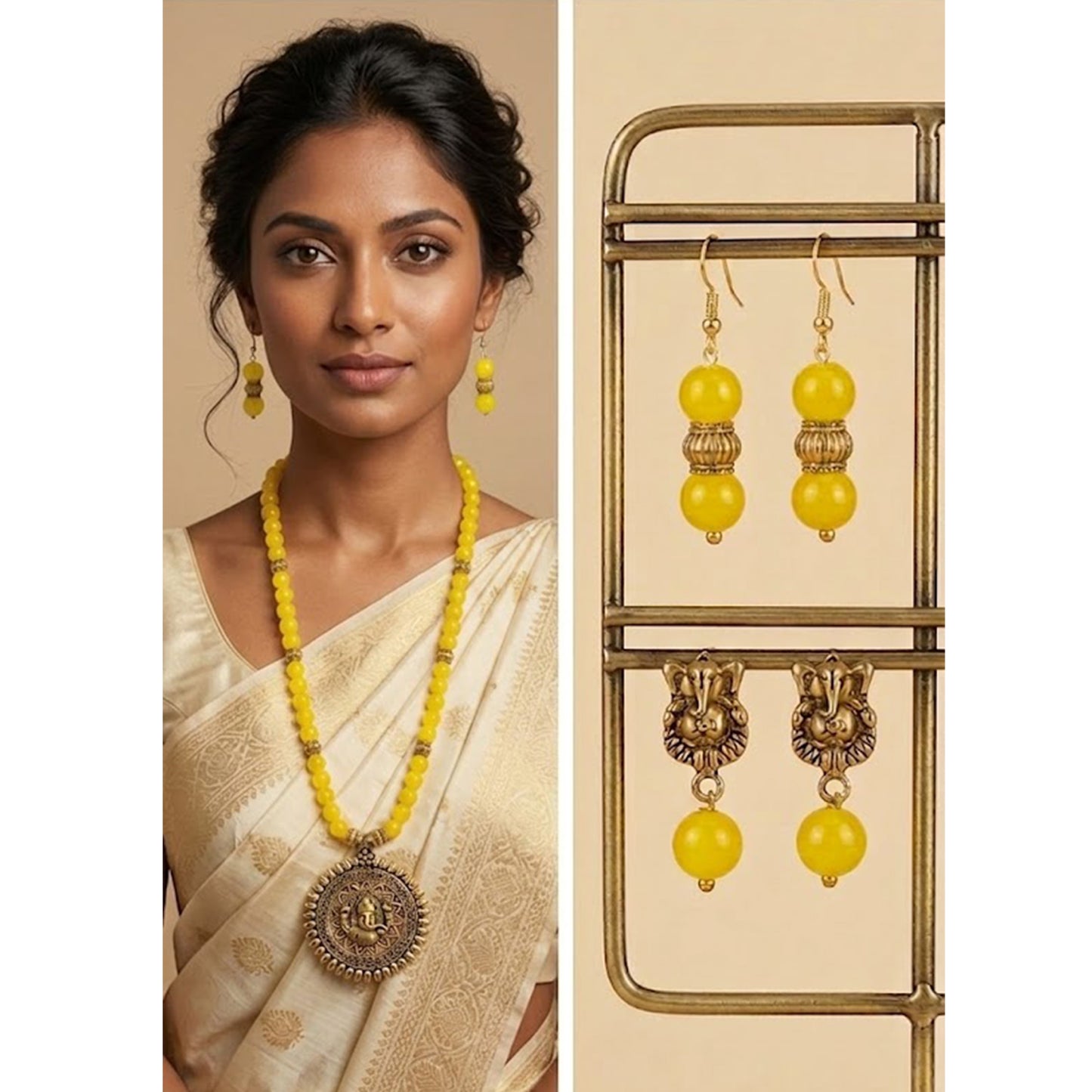 Gold Plated Oxidized Ganesha Necklace Set – Yellow Beaded Ethnic Jewelry