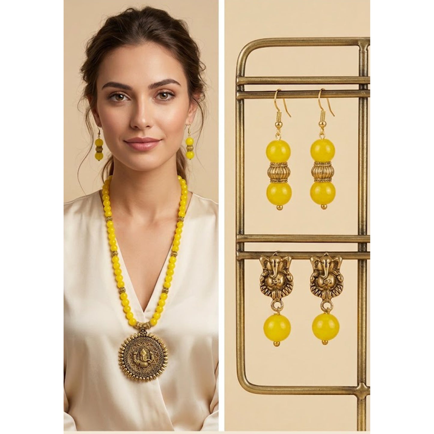 Gold Plated Oxidized Ganesha Necklace Set – Yellow Beaded Ethnic Jewelry