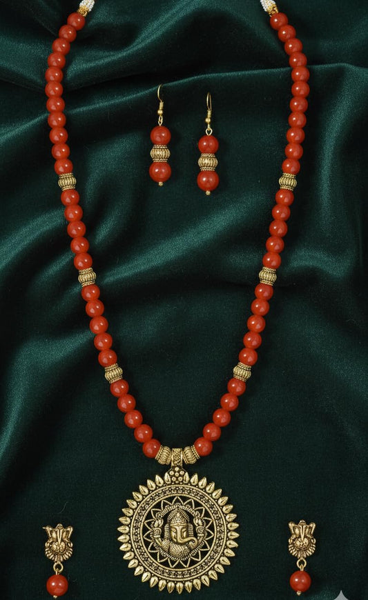 Gold Plated Oxidized Ganesha Necklace Set – Orange Beaded Ethnic Jewelry