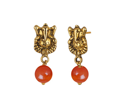Gold Plated Oxidized Ganesha Necklace Set – Orange Beaded Ethnic Jewelry