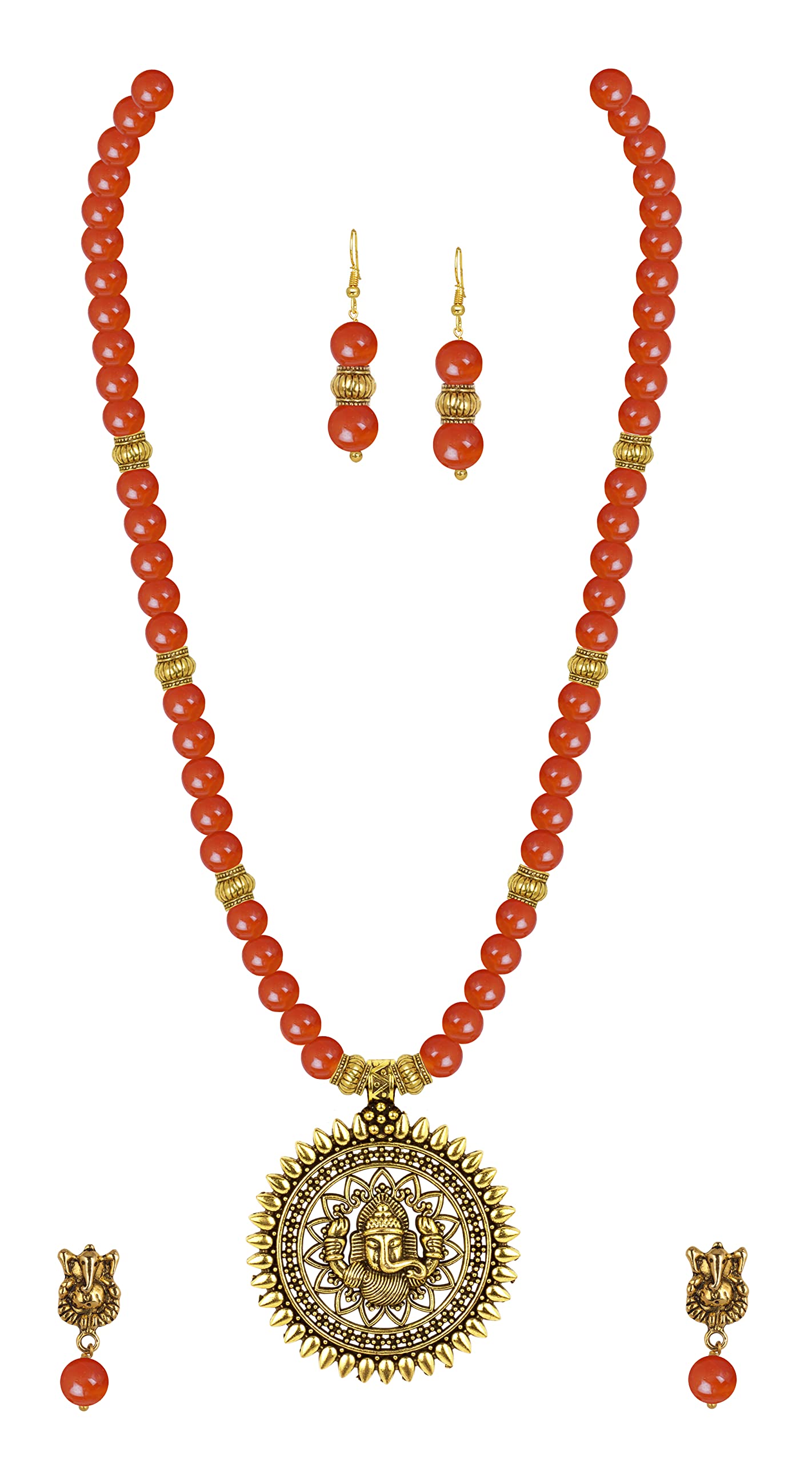 Gold Plated Oxidized Ganesha Necklace Set – Orange Beaded Ethnic Jewelry