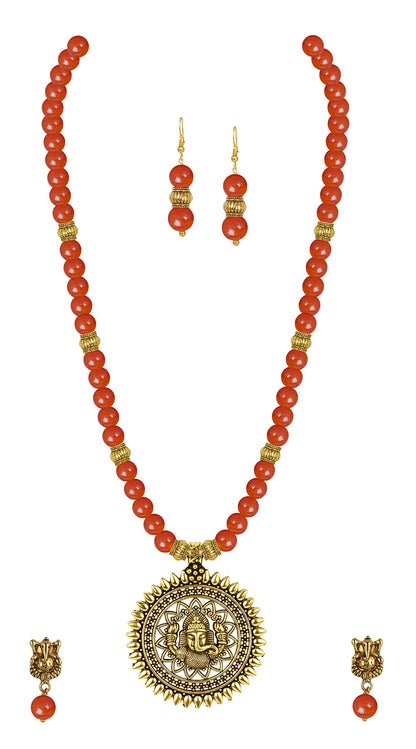 Gold Plated Oxidized Ganesha Necklace Set – Orange Beaded Ethnic Jewelry
