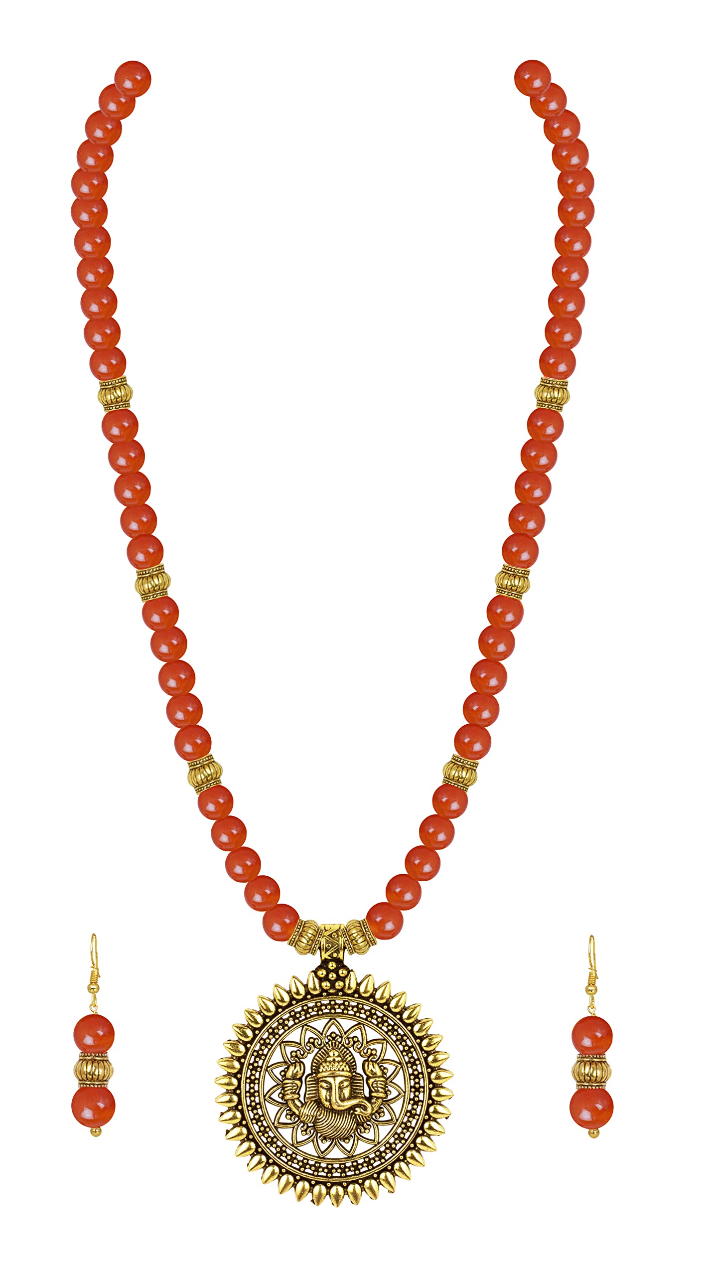 Gold Plated Oxidized Ganesha Necklace Set – Orange Beaded Ethnic Jewelry