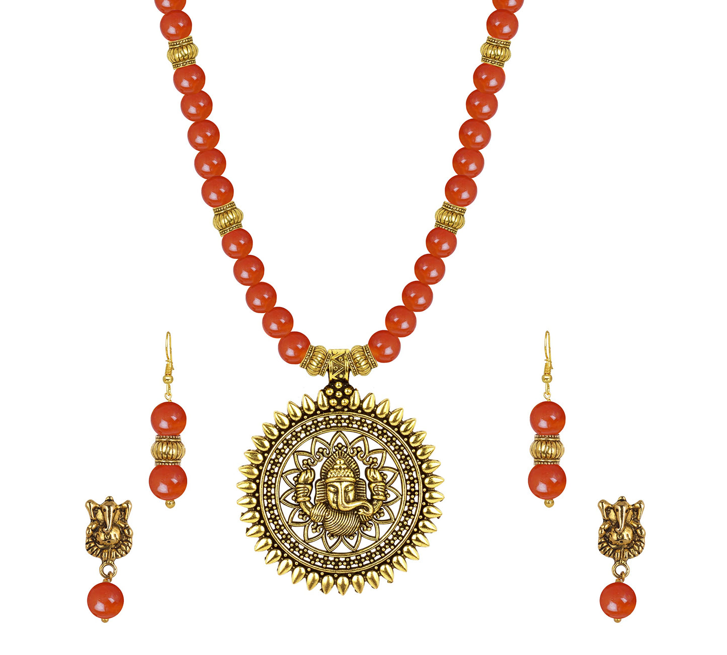 Gold Plated Oxidized Ganesha Necklace Set – Orange Beaded Ethnic Jewelry