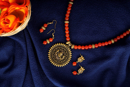 Gold Plated Oxidized Ganesha Necklace Set – Orange Beaded Ethnic Jewelry