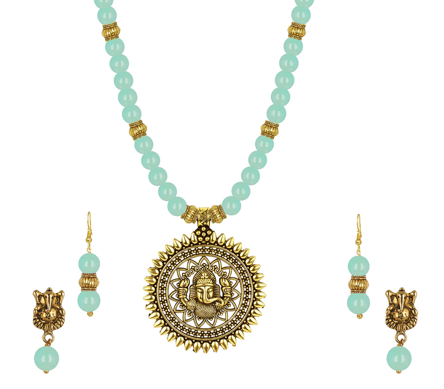 Gold Plated Oxidized Ganesha Necklace Set – Mint-Green Beaded Ethnic Jewelry