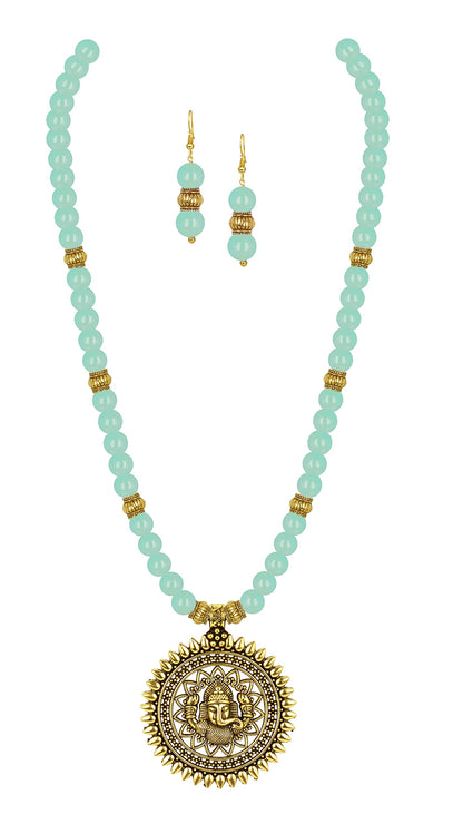 Gold Plated Oxidized Ganesha Necklace Set – Mint-Green Beaded Ethnic Jewelry