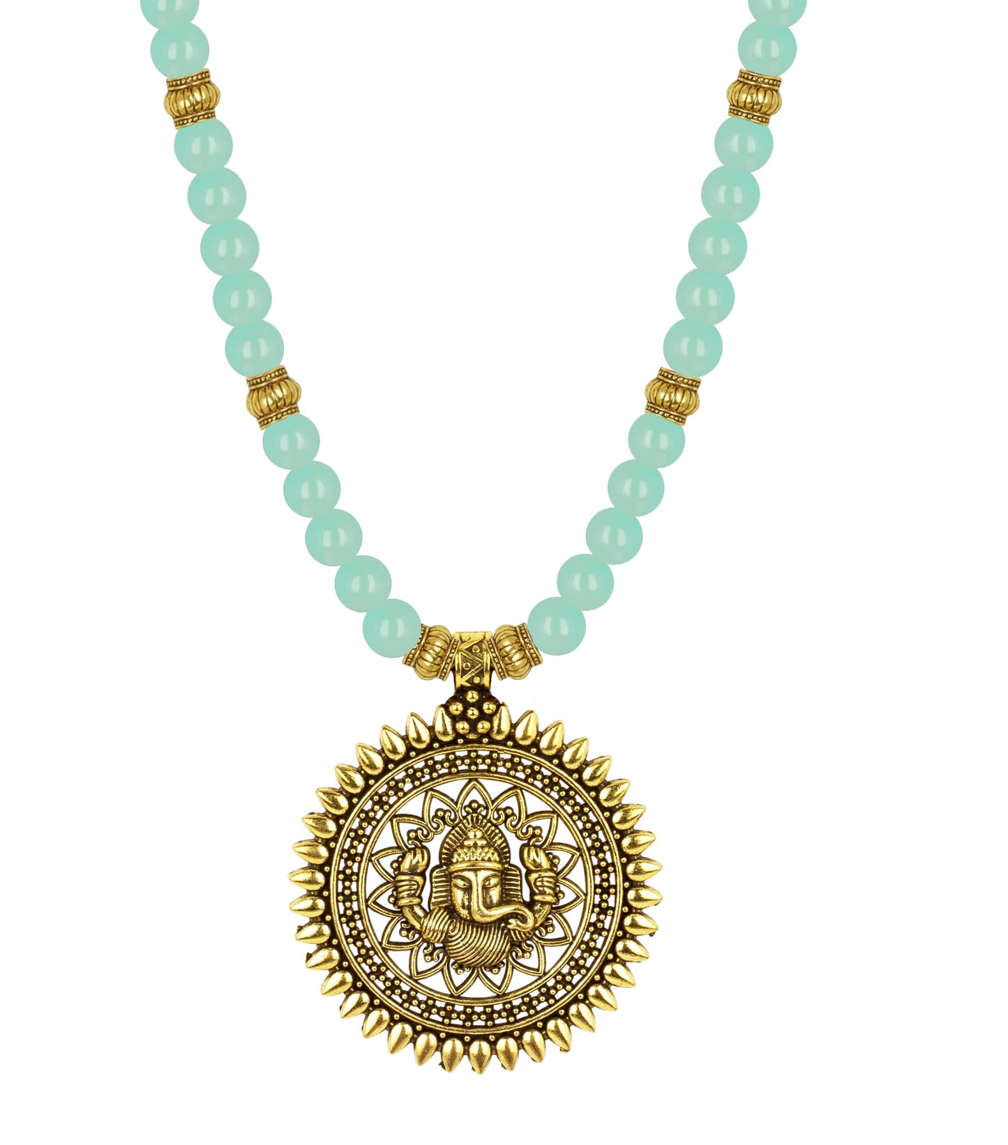 Gold Plated Oxidized Ganesha Necklace Set – Mint-Green Beaded Ethnic Jewelry