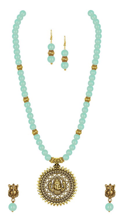 Gold Plated Oxidized Ganesha Necklace Set – Mint-Green Beaded Ethnic Jewelry