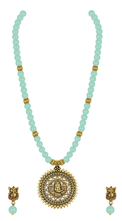 Gold Plated Oxidized Ganesha Necklace Set – Mint-Green Beaded Ethnic Jewelry